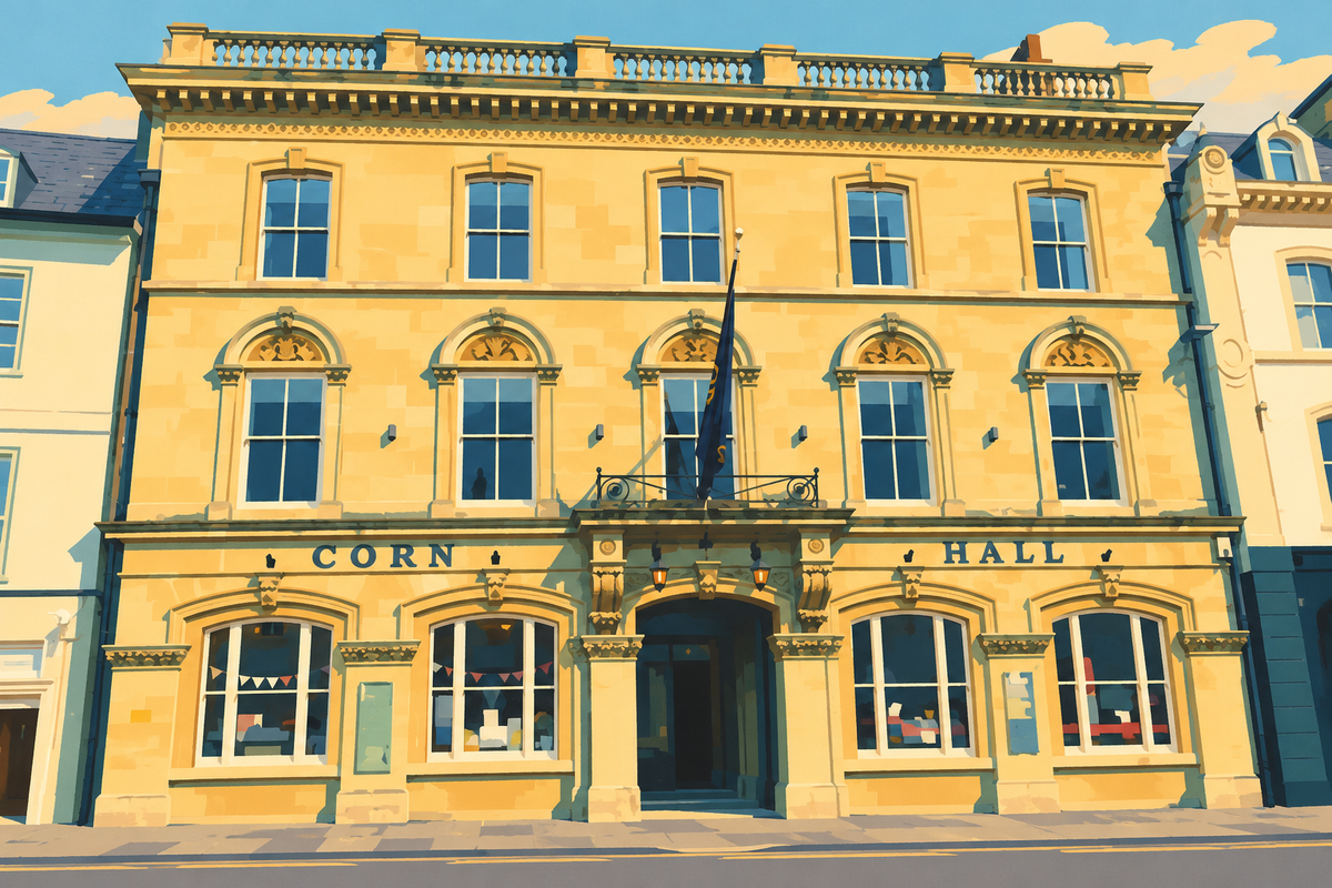 Illustration of Cirencester Corn Hall on Market Place, the building housing Diversitea.