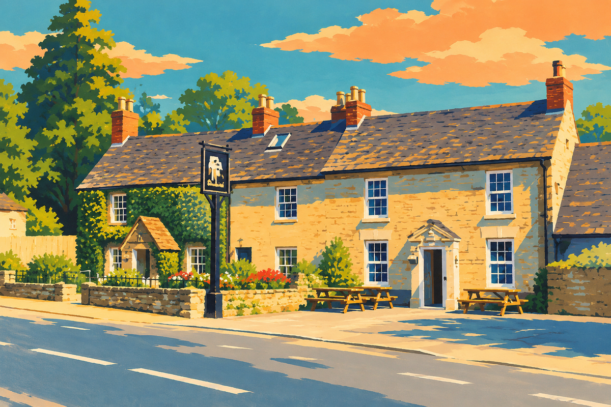 Illustration of the Drillman’s Arms in Stratton, showing the long stone frontage and pub sign.