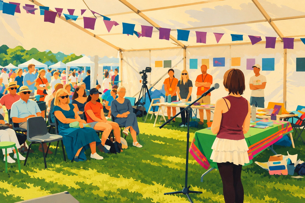 Illustration of the Big Lunch Youth Zone marquee, with bunting, an audience and a performer.