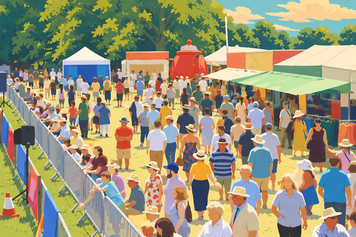 Illustration of the Cotswold Show’s food-stall avenue, with tents and visitors.