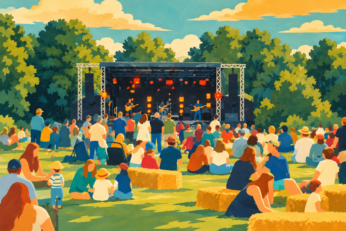 Illustration of Phoenix Festival in the Abbey Grounds, with a stage, lawn audience and surrounding trees.