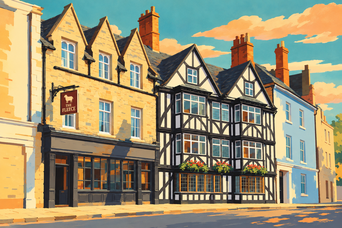 Illustration of the Fleece in Cirencester, showing its three stone gables and two timber-framed gables.