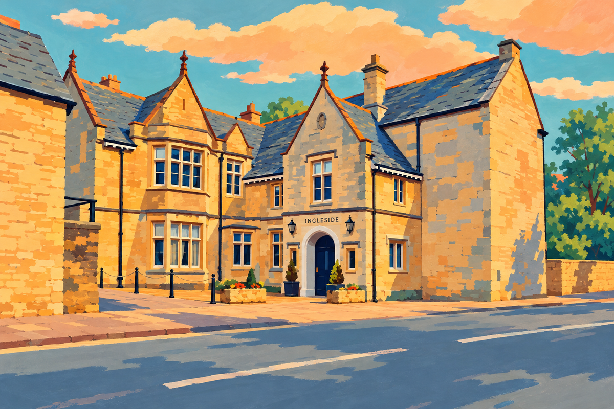 Illustration of Ingleside House on Beeches Road, with its projecting stone bays and arched entrance.