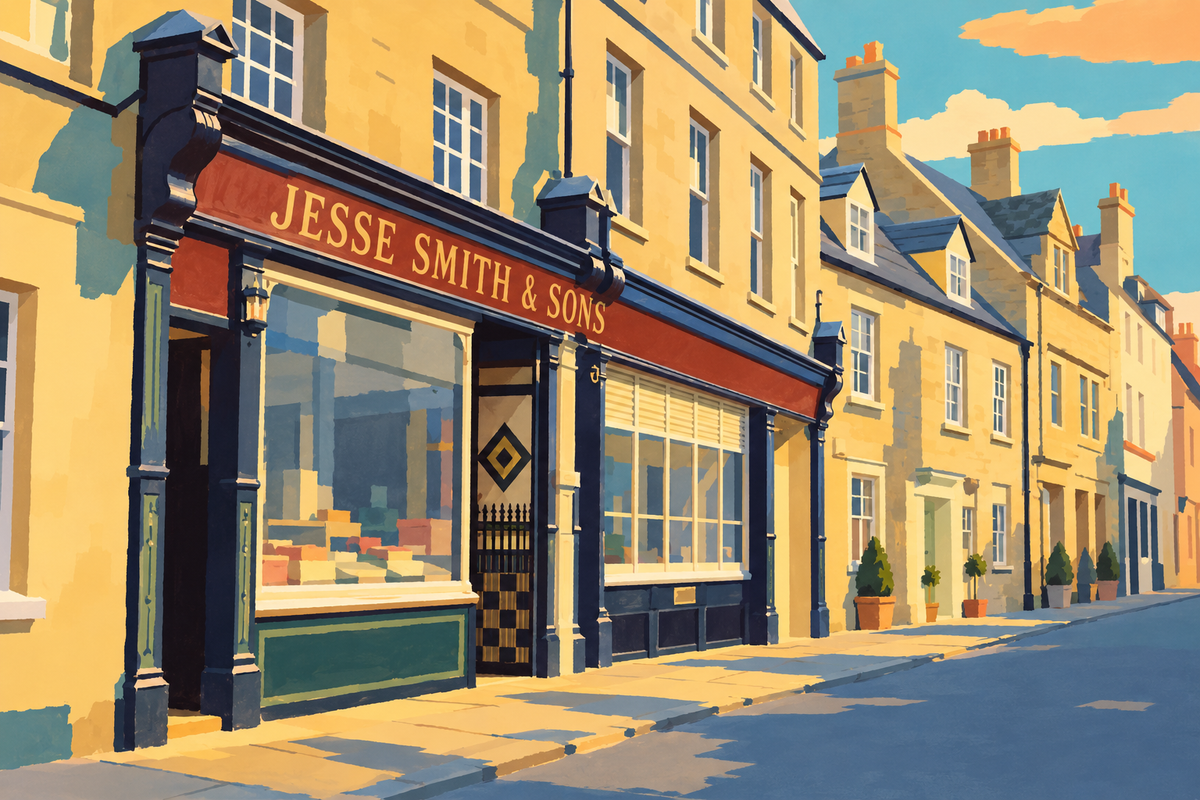 Illustration of Jesse Smith & Sons on Black Jack Street, showing the dark timber shopfront and recessed entrance.