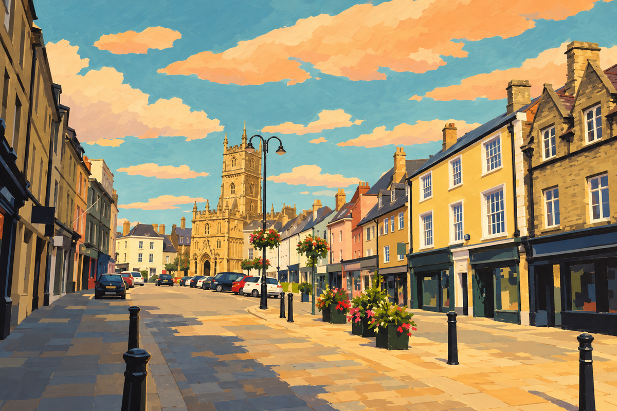 Illustration of Cirencester Market Place looking towards St John Baptist church, with the Fleece at right.