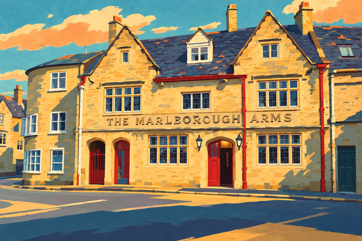 Illustration of the Marlborough Arms on Sheep Street, with its two stone gables and red doorway.