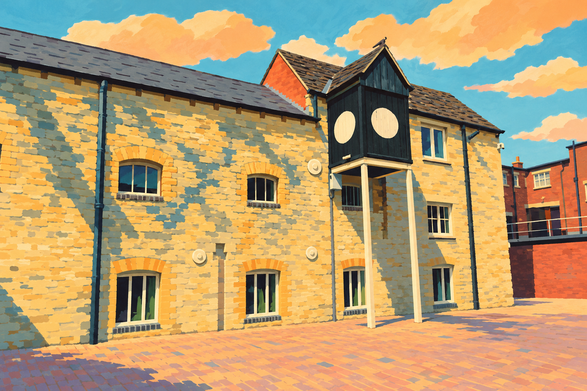 Illustration of the New Brewery Arts courtyard, showing the projecting black timber hoist cabin.