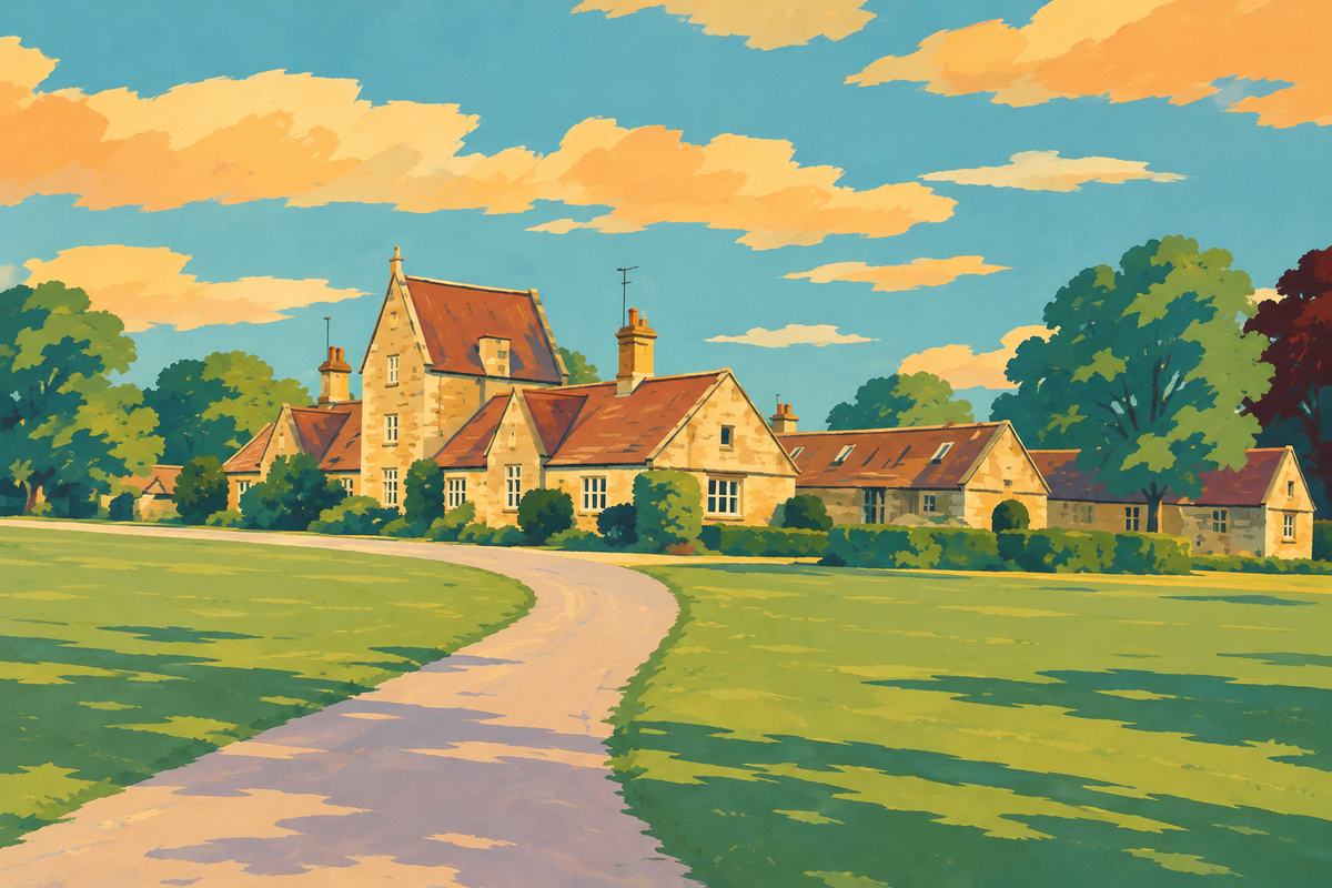 Illustration of the Old Kennels complex in Cirencester Park, home to Corinium Ales.