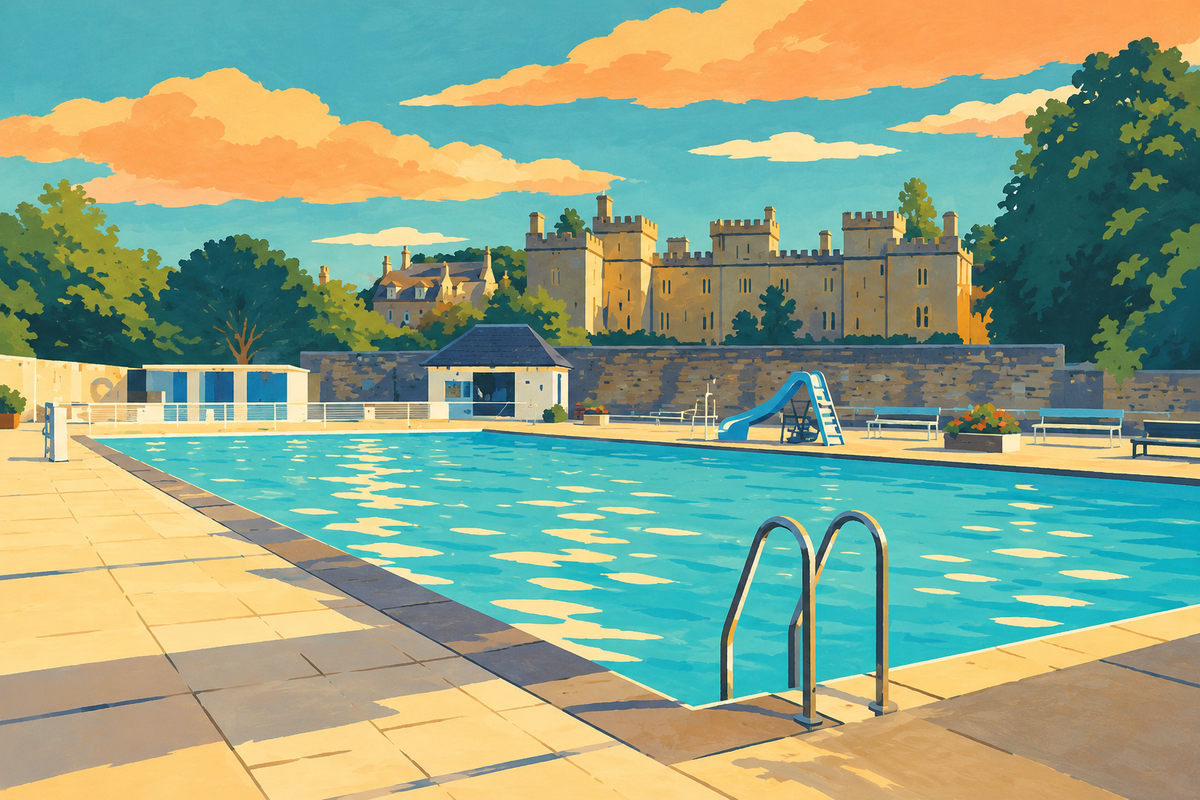 Illustration of Cirencester Open Air Swimming Pool, with the stone boundary and castellated building beyond.