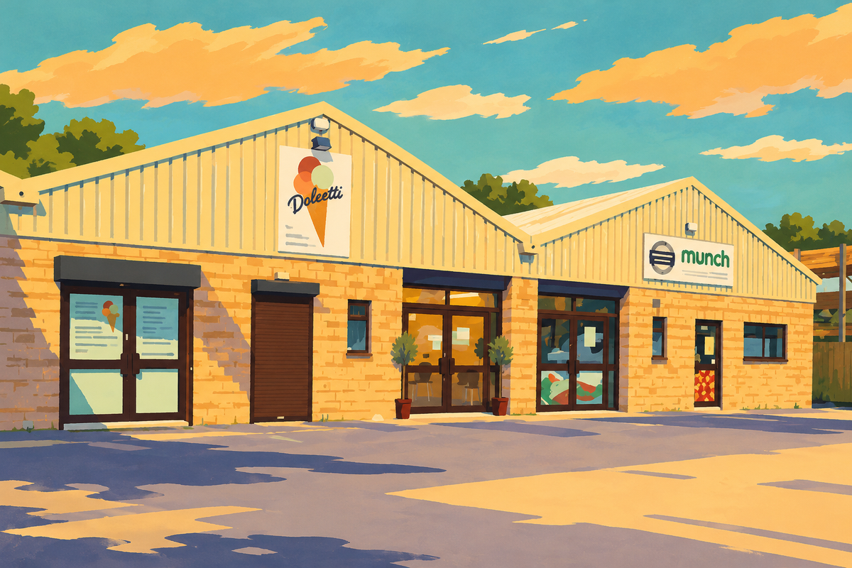 Illustration of Dolcetti’s premises on Wilkinson Road, with brick walls and a cream gabled roof.