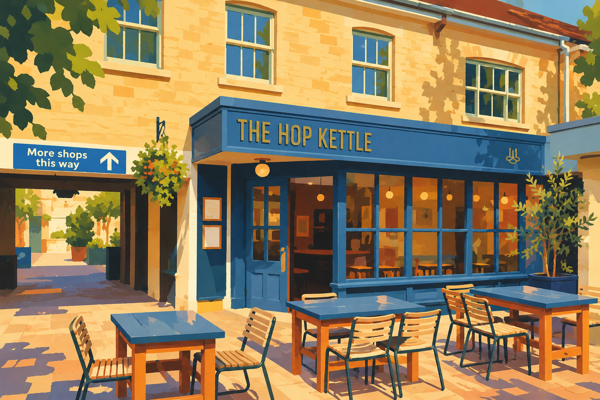 Illustration of Hop Kettle Cirencester in the Woolmarket, with its blue frontage, passage and outdoor tables.