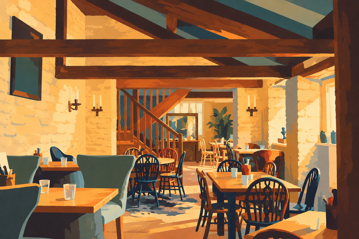 Illustration of the Cirencester La Bobina dining room, with stone walls, exposed beams and the rear staircase.