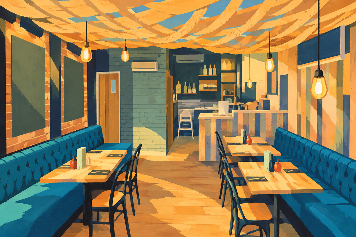 Illustration of the Malt & Anchor dining room, with blue seating and a netted ceiling.