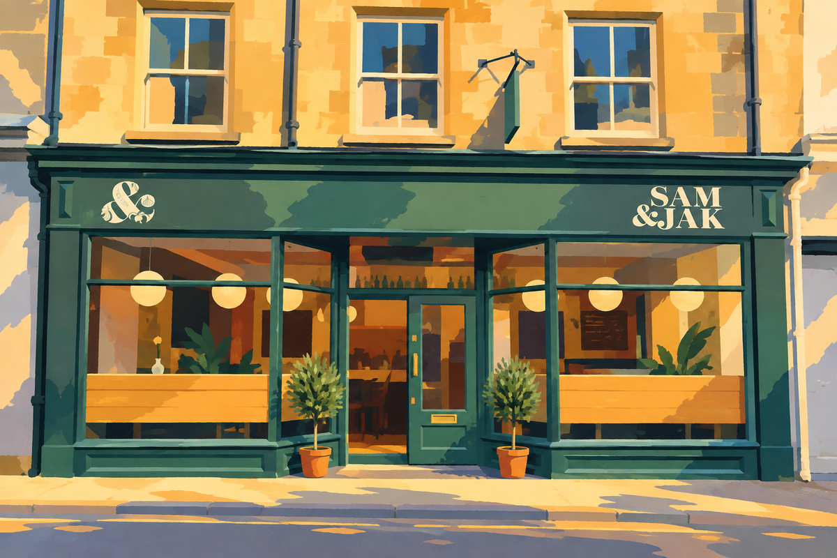 Illustration of Sam & Jak on Cricklade Street, with its dark green shopfront and central entrance.