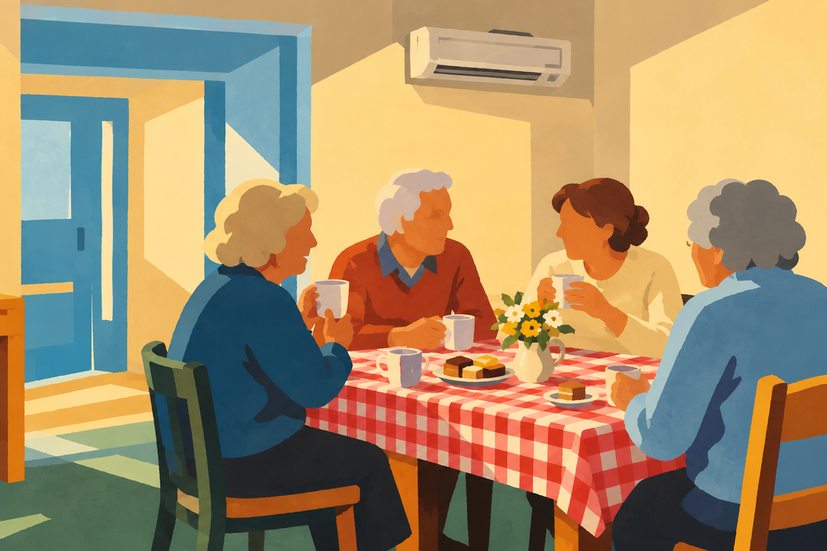 An imagined everyday tea gathering inside the Churn Community Hub’s photographed meeting room; the people are illustrative.