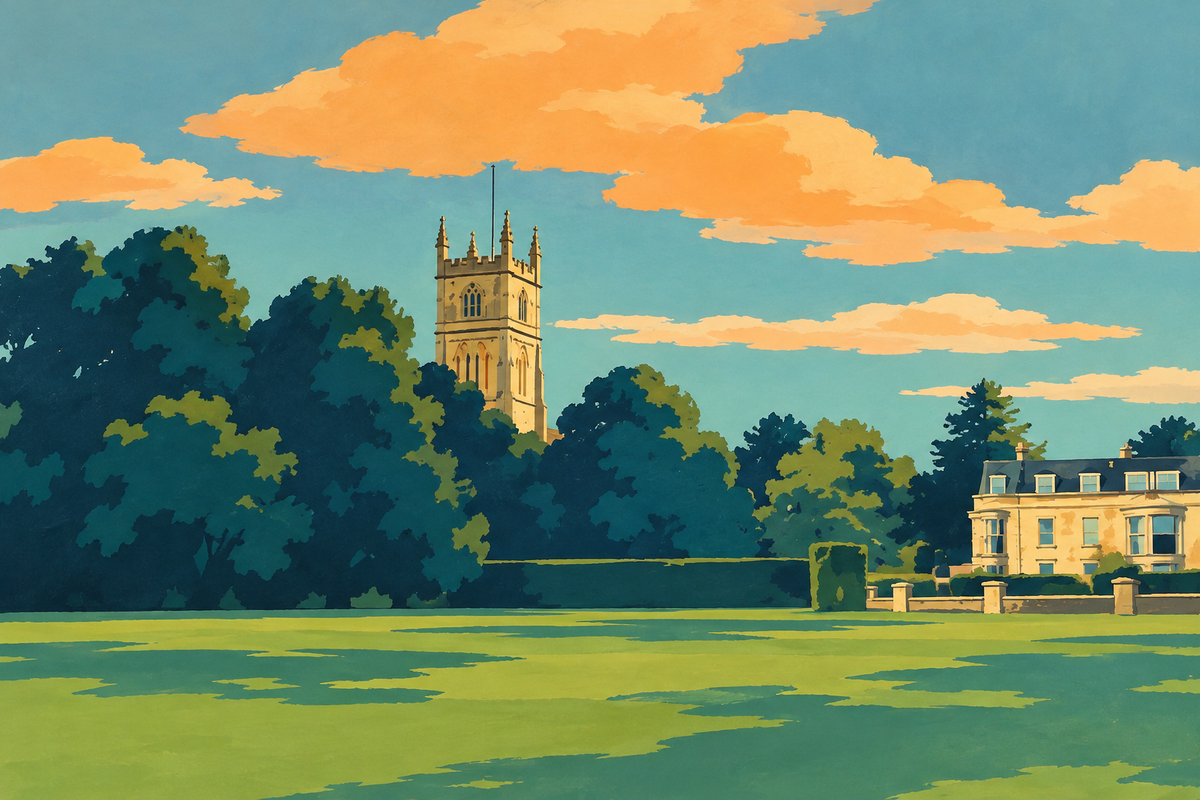 Illustration of St John Baptist church tower rising above trees across Cirencester’s Abbey Grounds.