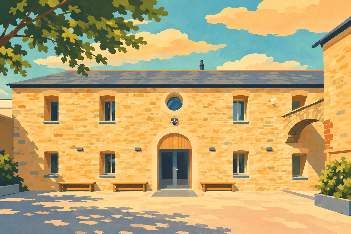 Illustration of the Barrel Store courtyard frontage, with its arched doorway and circular upper window.