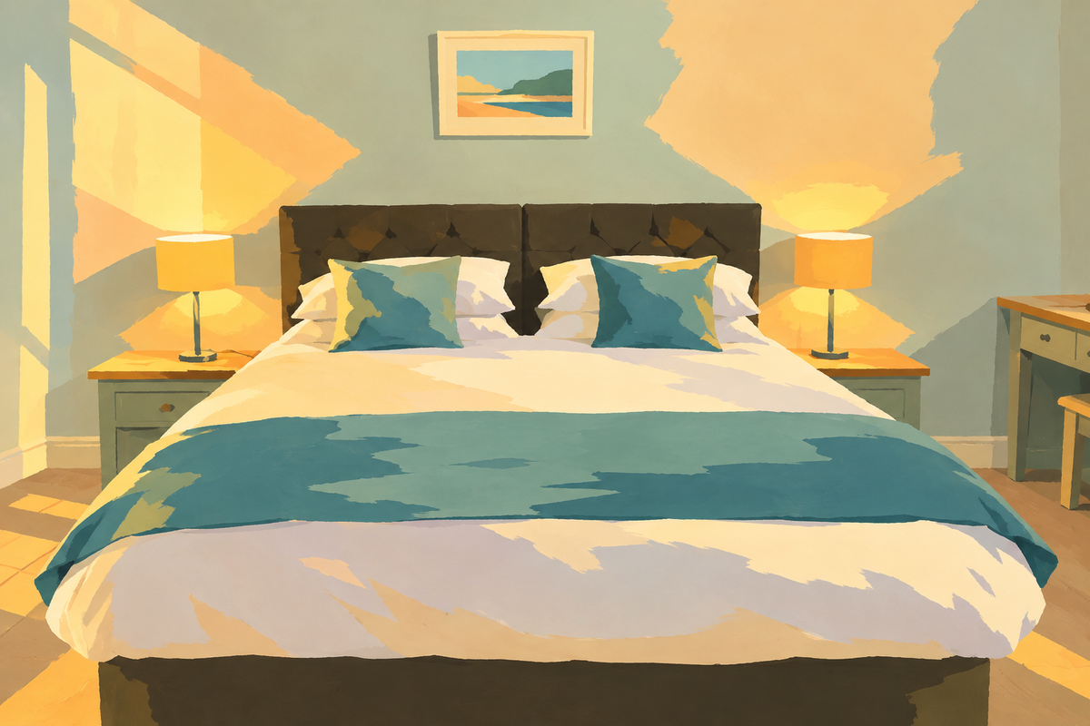 Illustration of a bedroom at Cotswold Hare, with a double bed and paired bedside lamps.