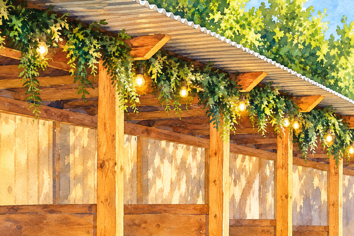 Watercolour of Bellfield’s timber garden canopy