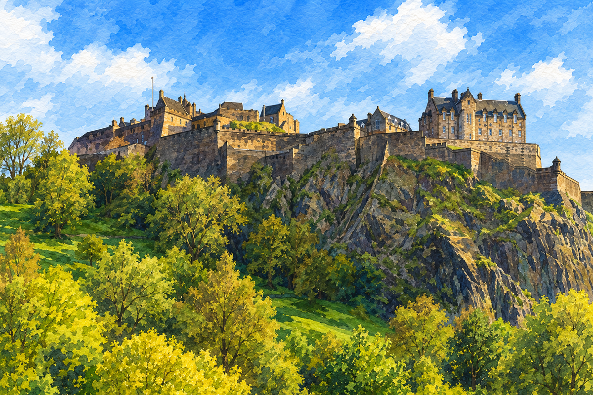 Watercolour of Edinburgh Castle above Castle Rock