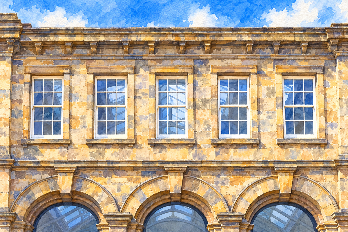 Watercolour of the upper façade of Dovecot Studios