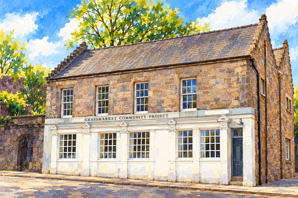 Watercolour of Grassmarket Community Project on Candlemaker Row