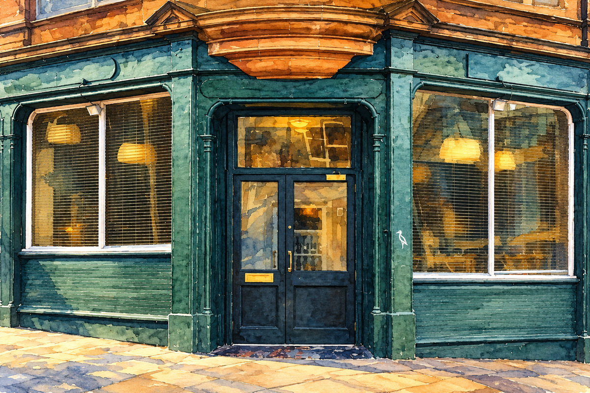 Watercolour of Heron’s corner frontage on Henderson Street, Leith