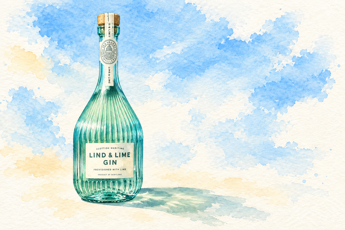 Watercolour of a Lind & Lime gin bottle