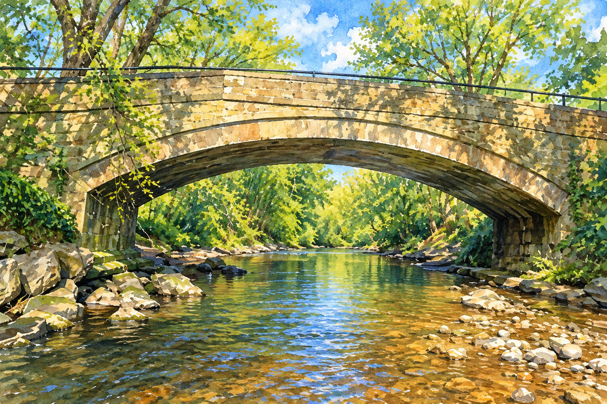 Watercolour of a stone bridge over the Water of Leith
