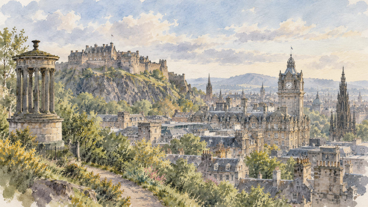 Loose hand-painted watercolour of Edinburgh from Calton Hill