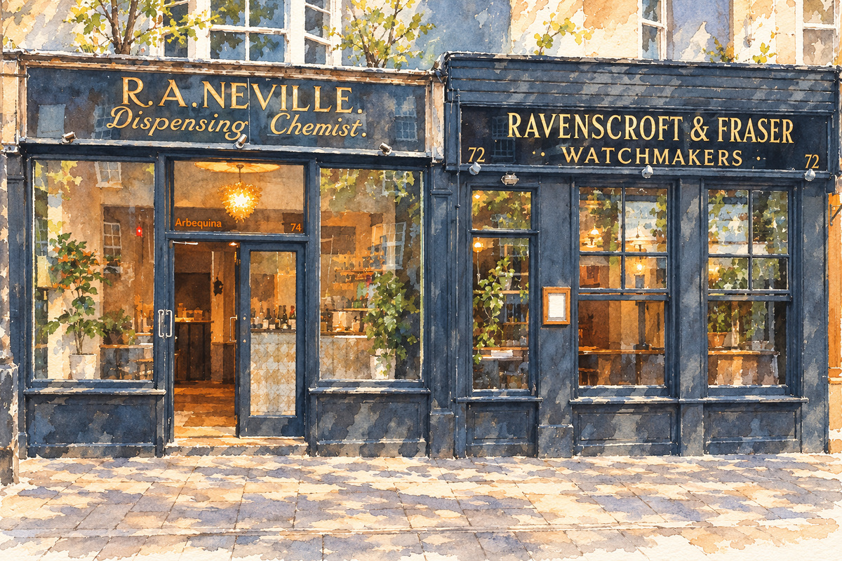 Watercolour of Arbequina’s paired historic chemist and watchmaker shopfronts on Cowley Road, Oxford.