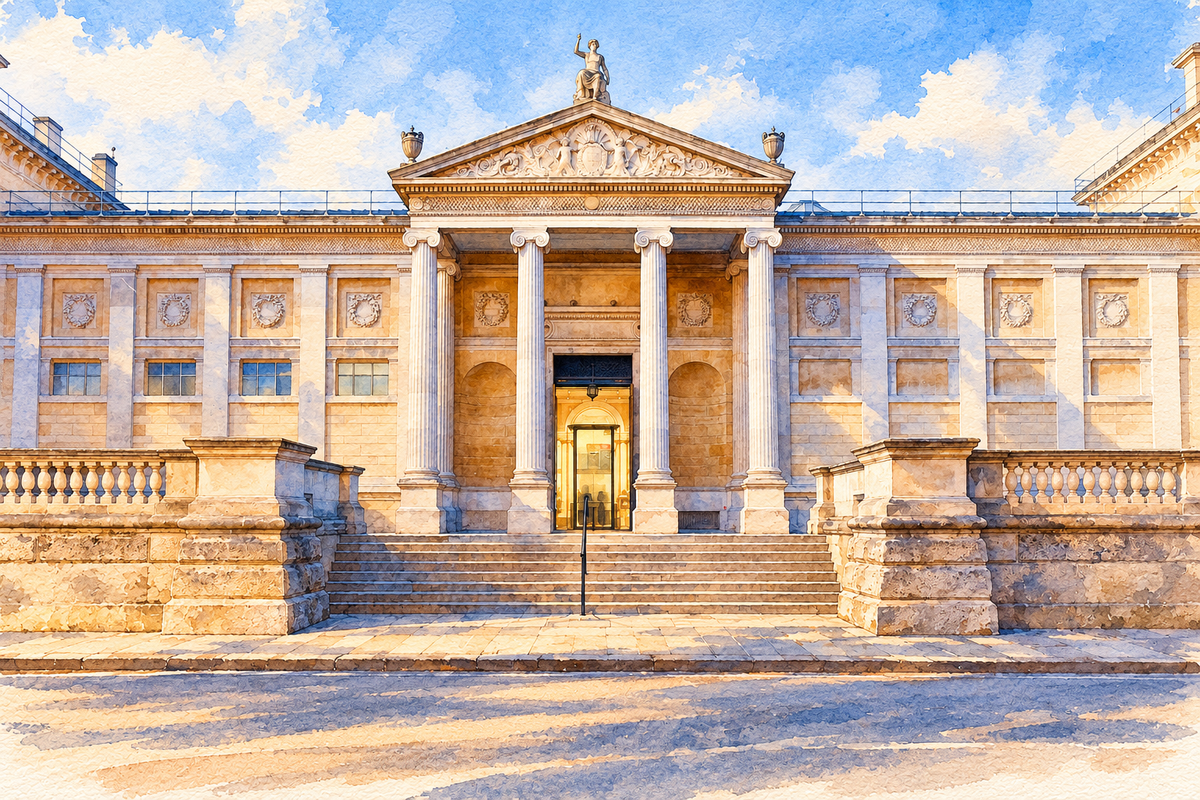 Watercolour of the Ashmolean Museum’s Ionic portico and steps in Oxford.
