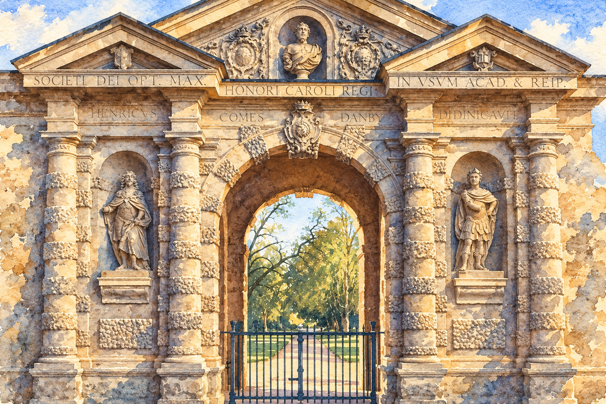 Watercolour of the Danby Gate at Oxford Botanic Garden.