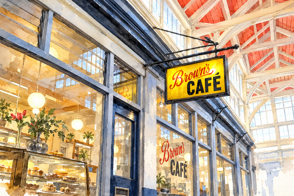 Watercolour of Brown’s Café’s yellow hanging sign beneath Oxford Covered Market’s roof.