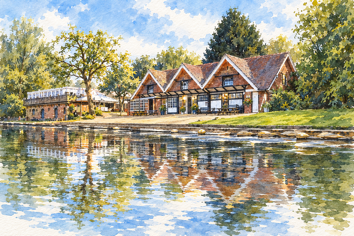 Watercolour of the Cherwell Boathouse’s riverside gables in Oxford.