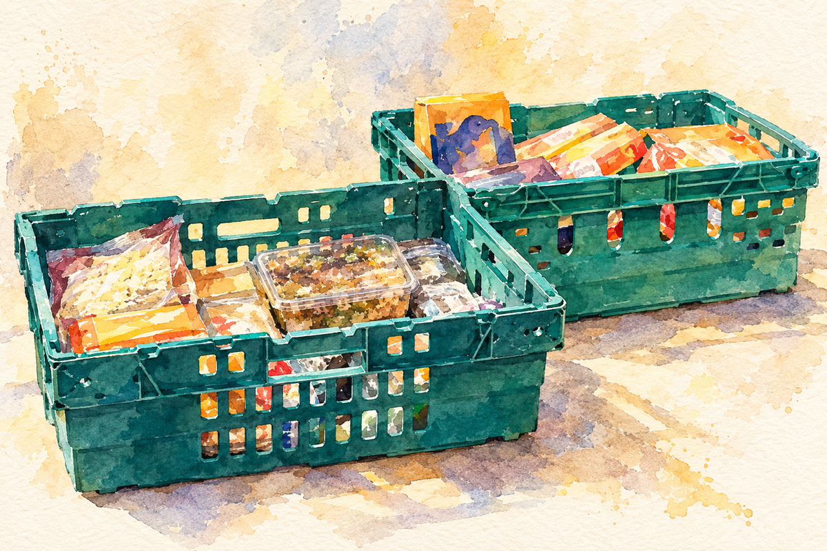 Watercolour still life of green surplus-food crates associated with Oxford Food Hub.