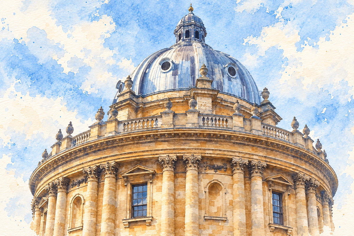 Watercolour of the dome, columns and honey-coloured stone of the Radcliffe Camera, Oxford.