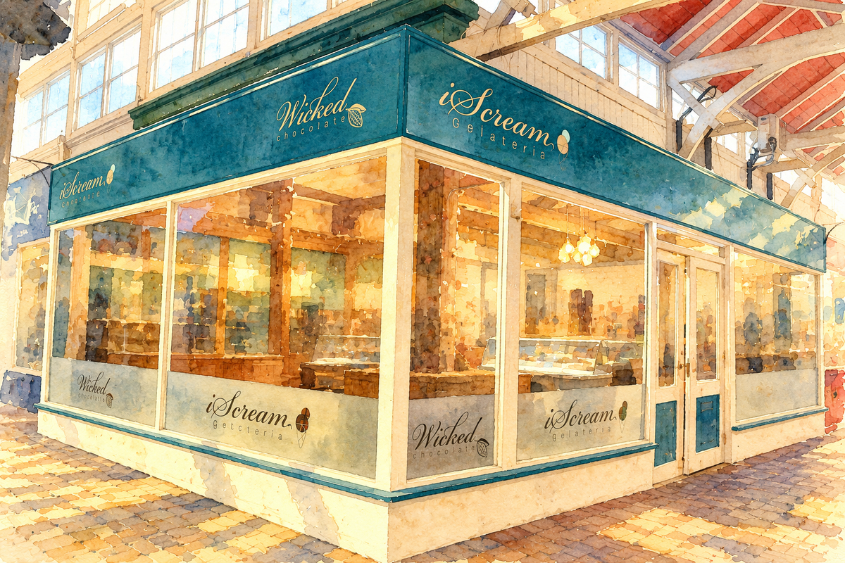 Watercolour of iScream’s teal and cream corner shopfront in Oxford Covered Market.