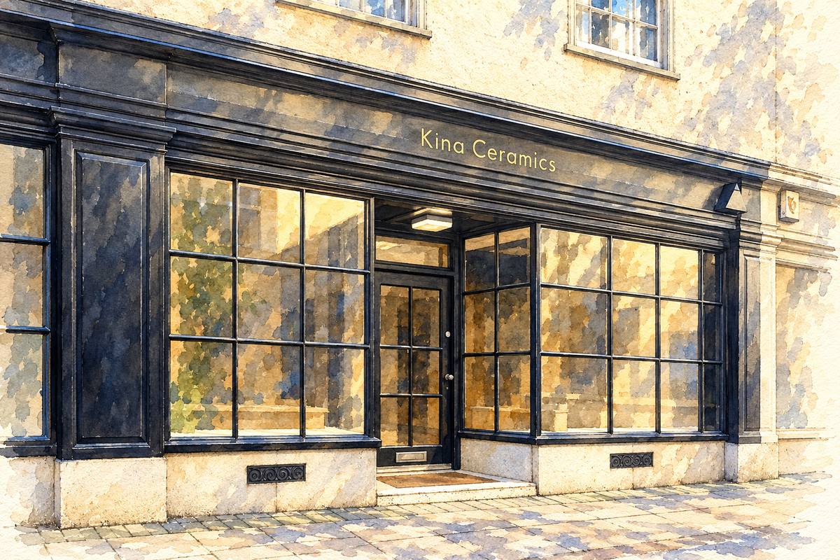 Watercolour of the Kina Ceramics frontage on Market Street, Oxford.