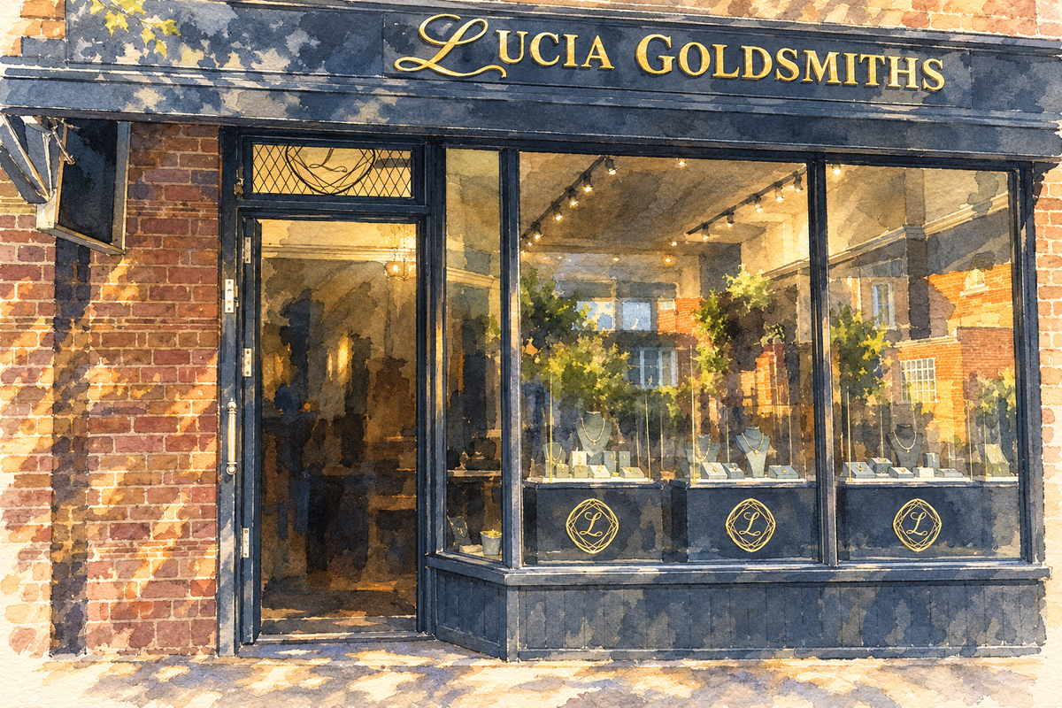 Watercolour of Lucia Goldsmiths’ dark shopfront in Oxford.