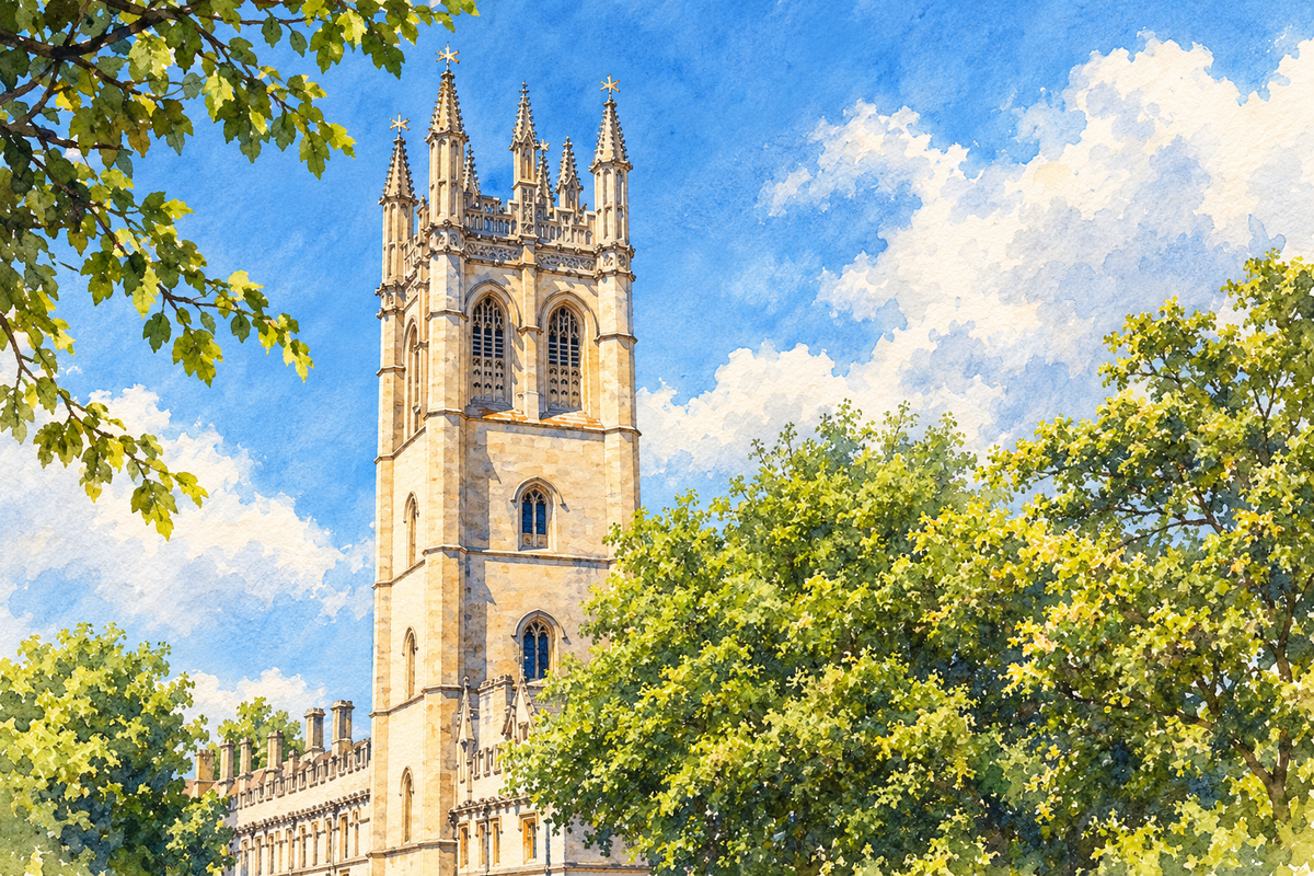 Watercolour of Magdalen College’s Great Tower, the setting for Oxford’s May Morning singing.