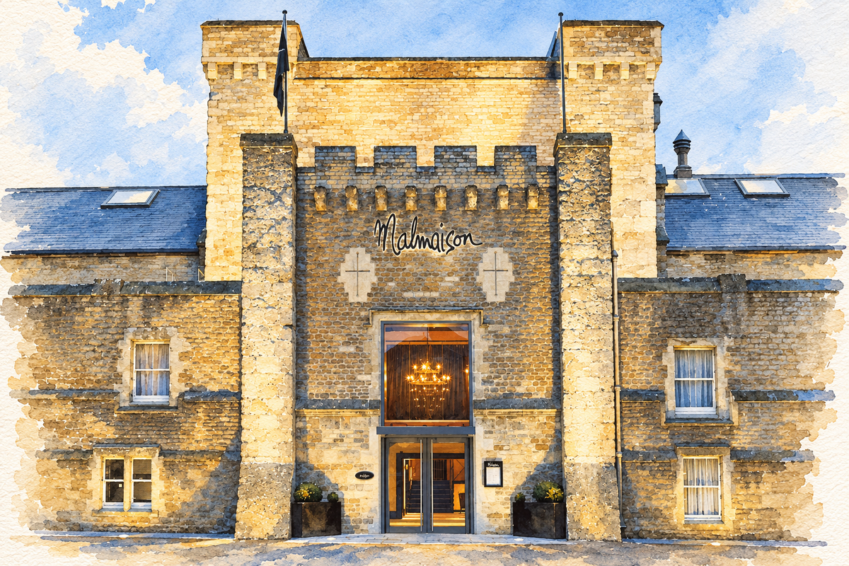 Watercolour of the stone former-prison entrance of Malmaison Oxford.