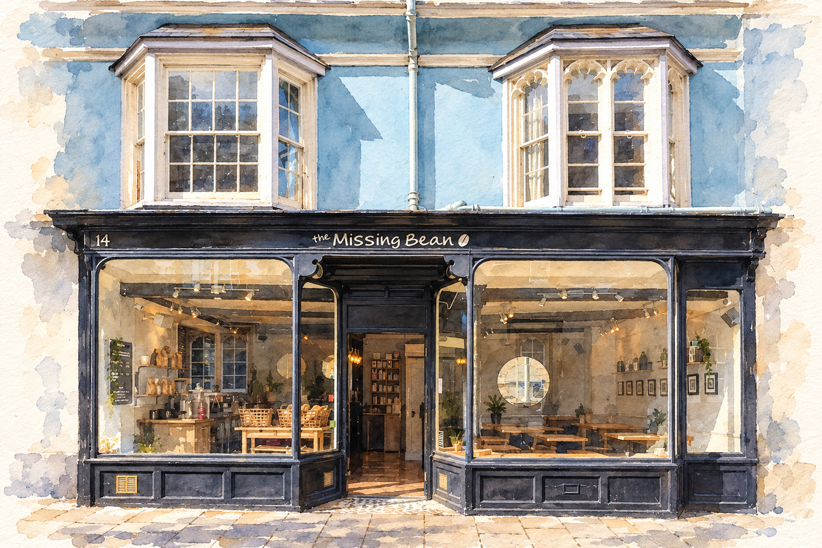 Watercolour of Missing Bean’s dark shopfront and bay windows on Turl Street, Oxford.