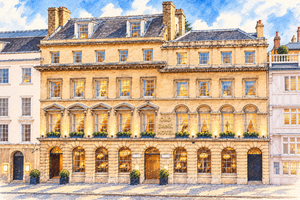 Watercolour of the Old Bank Hotel’s limestone frontage on Oxford High Street.