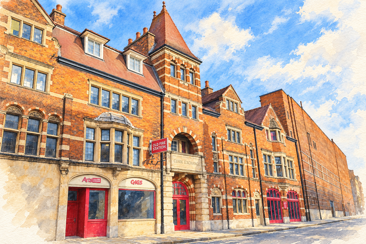 Watercolour of the red brick tower and entrances of Arts at the Old Fire Station on George Street, Oxford.