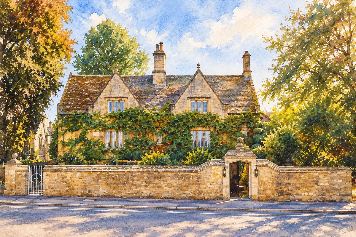 Watercolour of the ivy-covered stone entrance and twin gables of the Old Parsonage Hotel, Oxford.