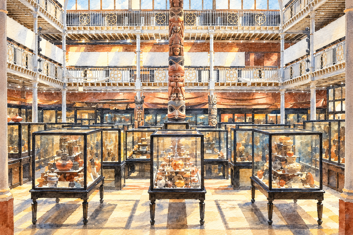 Watercolour of the Pitt Rivers Museum’s central court, galleries and glass display cases in Oxford.