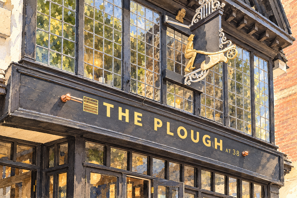 Watercolour of The Plough Inn’s black and gold frontage at 38 Cornmarket, Oxford.