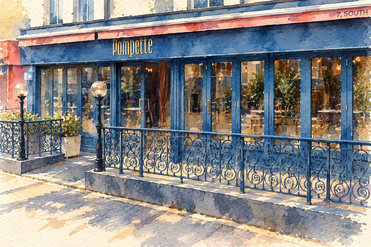 Watercolour of Pompette’s navy blue frontage on South Parade, Oxford.