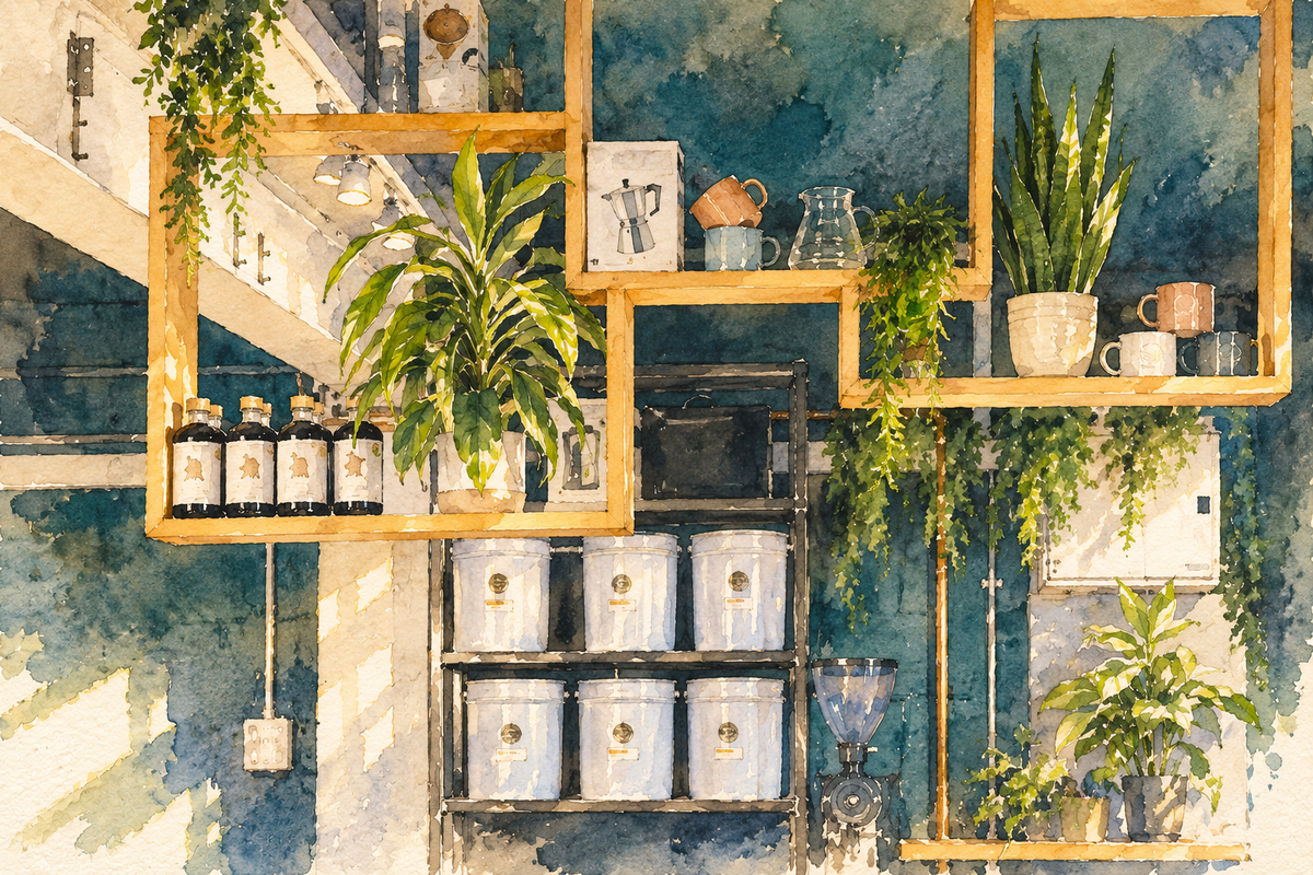 Watercolour of the wooden shelves, plants and coffee refill canisters at Missing Bean Roastery Café, Oxford.